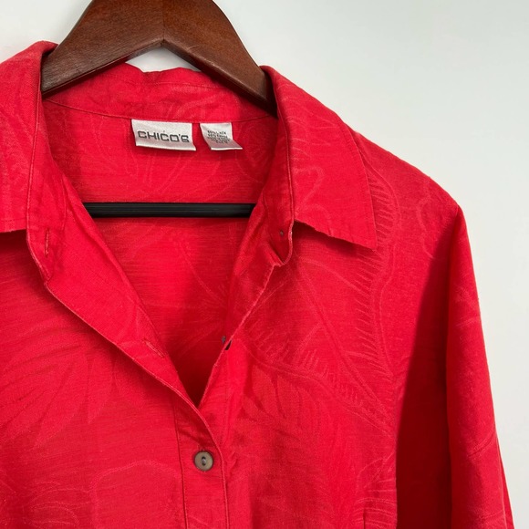 Chicos 2 LARGE Linen Blend Coral Red Long Sleeve Button Blouse Shirt Top Summer - Picture 3 of 8